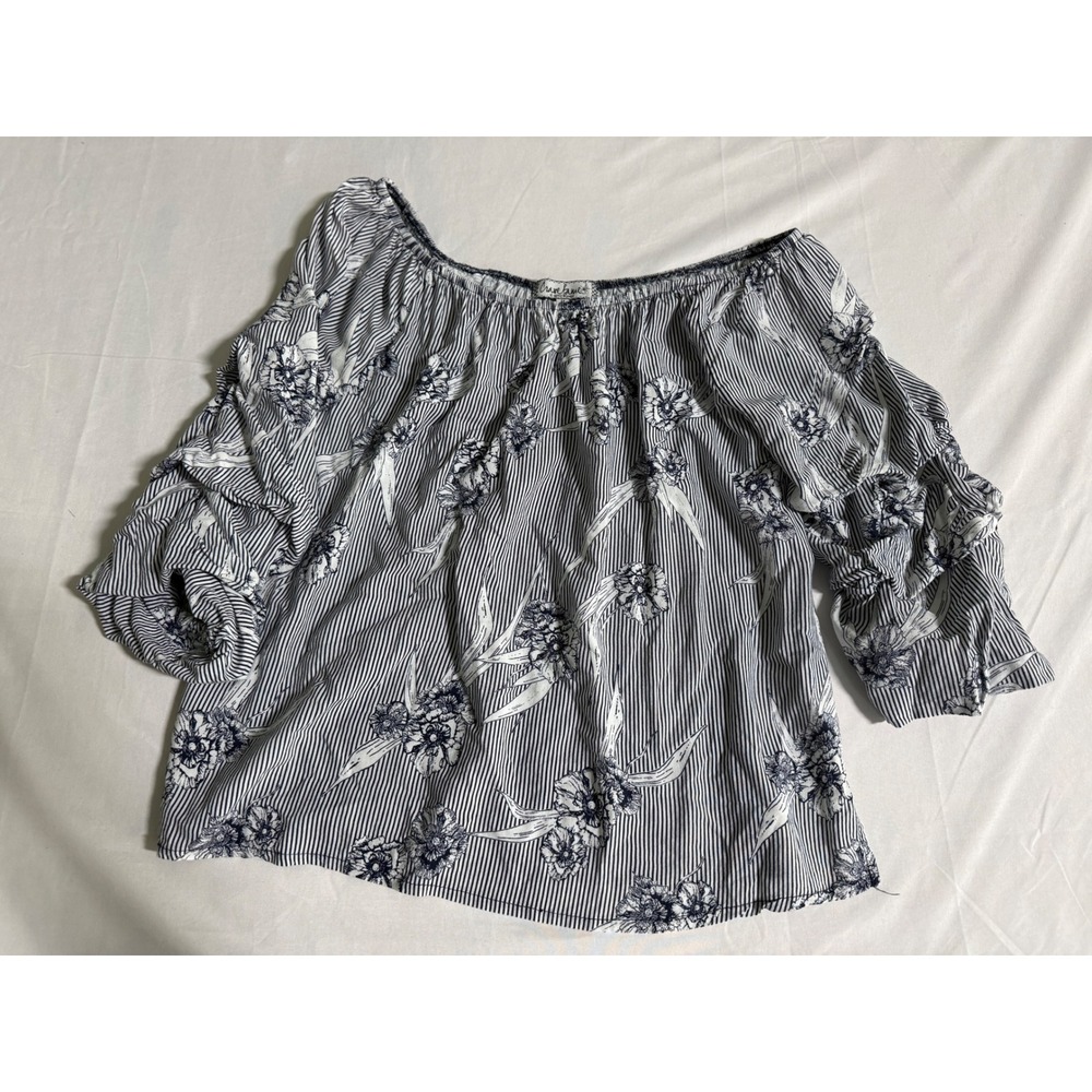 Crave Fame Almost Famous Womens Floral Stripe Off Shoulder Ruffle Sleeve Top M